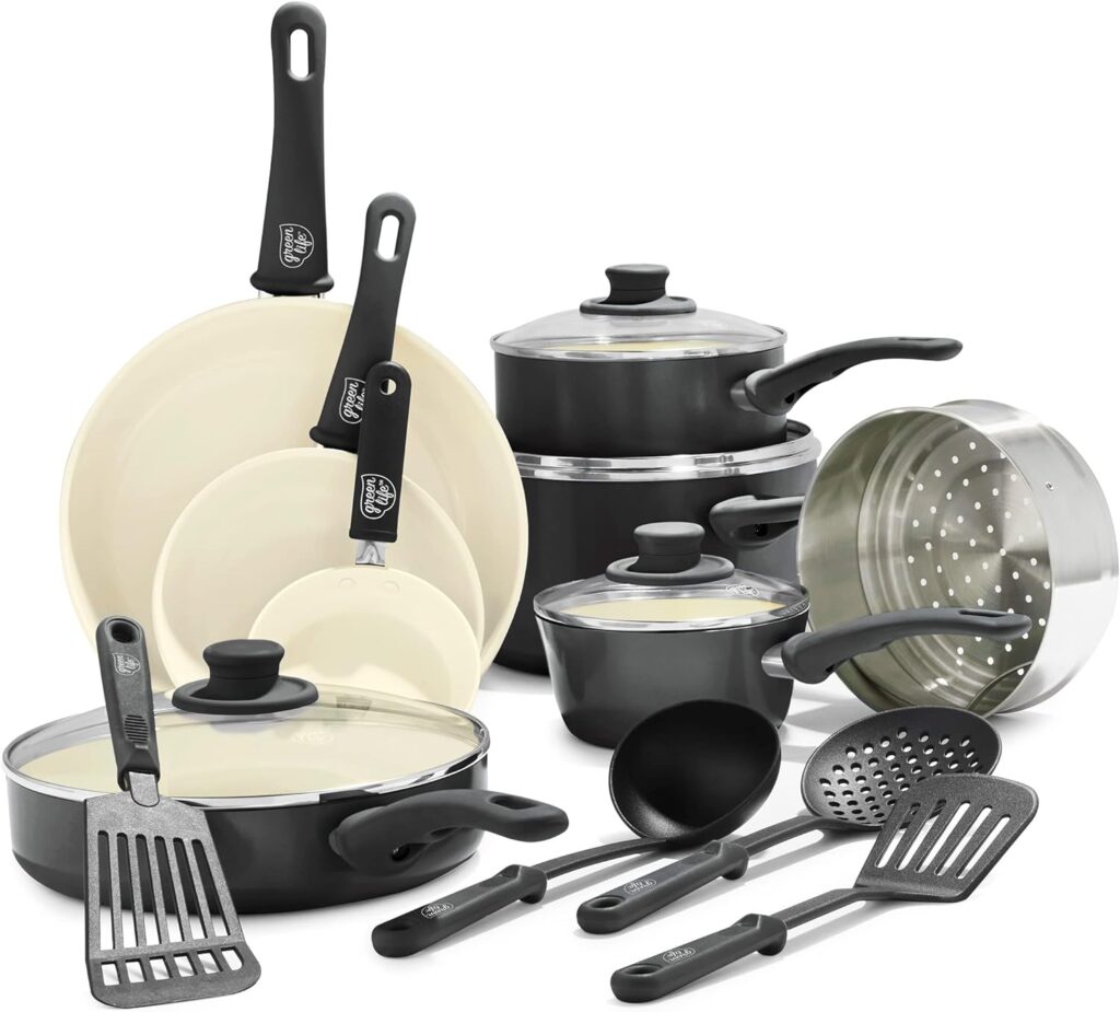 GreenLife Soft Grip Healthy Ceramic Nonstick 16 Piece Kitchen Cookware Pots and Frying Sauce Pans Set for ONLY $84.83 (Was $119.99)