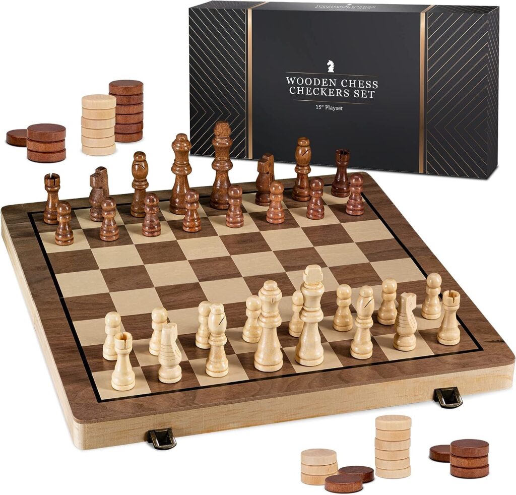 15″ Wooden Chess Sets – Chess & Checkers Board Game | with 2 Extra Queens for ONLY $19.99 (Was $28.99)