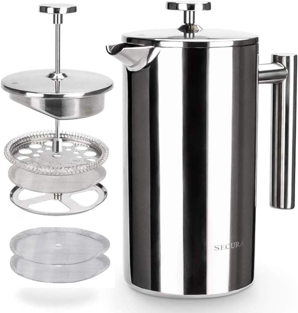 Secura French Press Coffee Maker, 304 Grade Stainless Steel Insulated Coffee Press with 2 Extra Screens, 34oz (1 Litre) for ONLY $19.99 (Was $23.99)