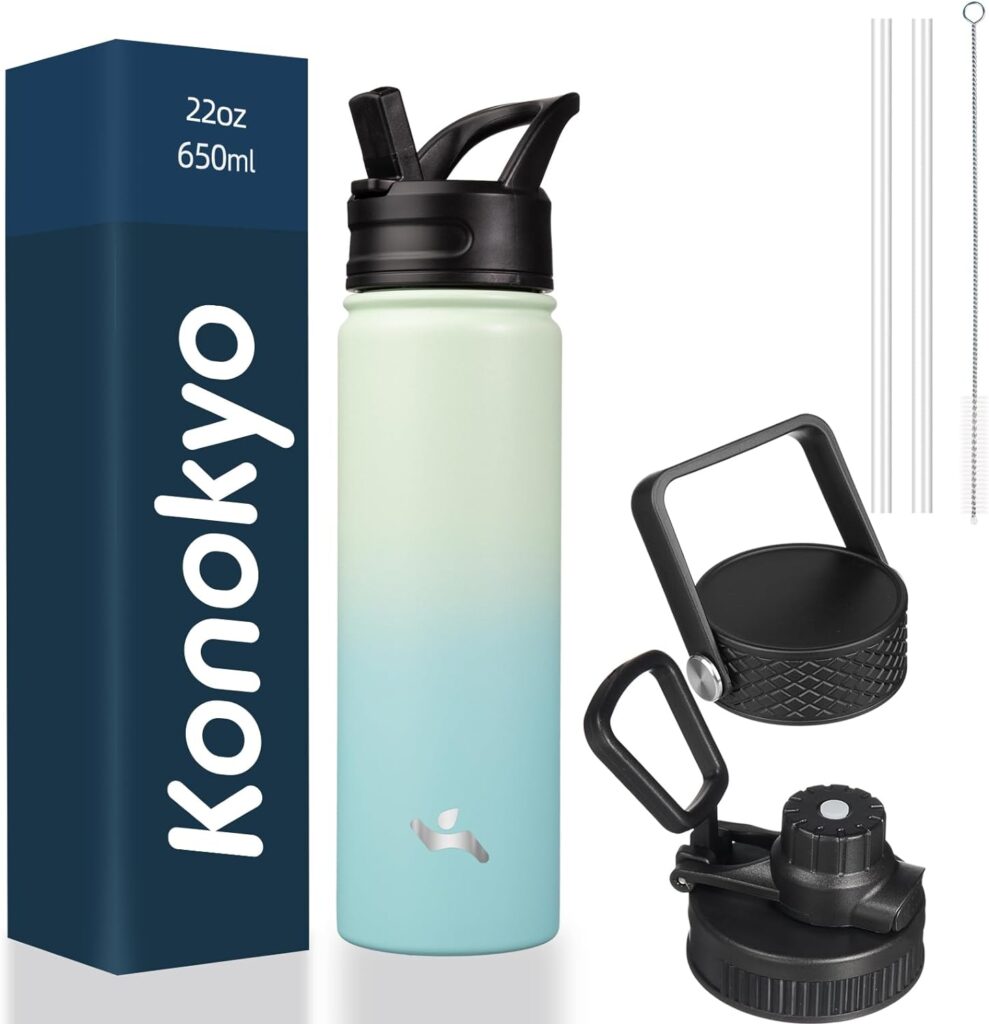 Konokyo Insulated Water Bottle with Straw,22oz 3 Lids, Stainless Steel for ONLY $10.80 (Was $16.99)