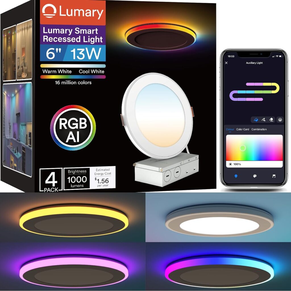 Lumary RGBAI Smart Recessed Lighting 6 Inch with Gradient Accent Light and Night Light Works with Alexa/Google Assistant/Siri, 4PCS for ONLY $149.98 (Was $199.99)