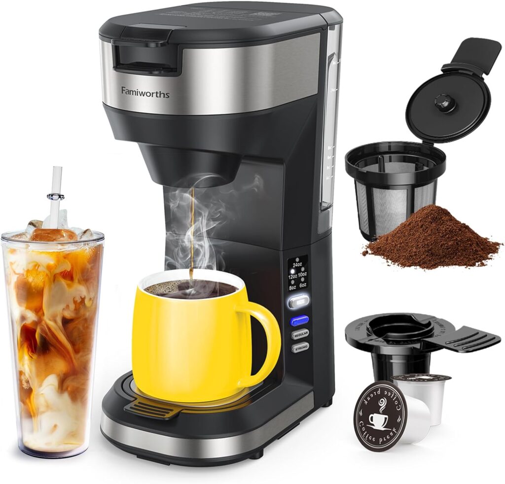 Famiworths Hot and Iced Coffee Maker for K Cups and Ground Coffee, 4-5 Cups with 30Oz Removable Water Reservoir, 6 to 24Oz Cup Size for ONLY $59.98 (Was $89.99)