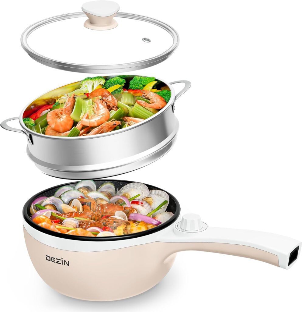 Dezin Hot Pot Electric with Steamer Upgraded, Non-Stick Sauté Pan, 1.5L with Power Adjustment (Egg Rack Included) for ONLY $34.99 (Was $43.99)